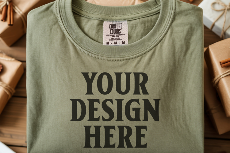 Moss Comfort Colors 1717 Christmas Folded T-Shirt Mockup