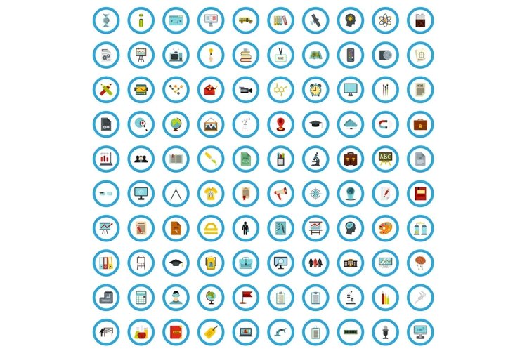 100 knowledge icons set, flat style