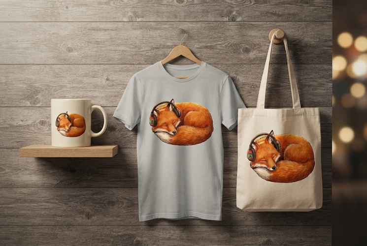 Sleeping Fox Wearing Festive Headphones Christmas Art