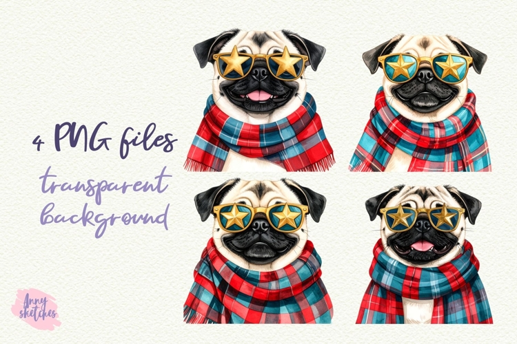 Vintage Christmas Pug Clipart Retro Christmas Dog PNG