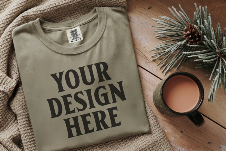 Moss Comfort Colors 1717 Christmas Folded T-Shirt Mockup