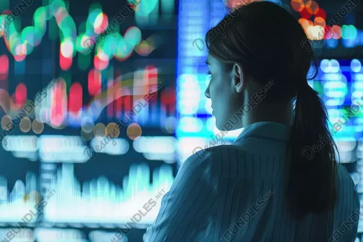 Business Woman Analyzing Financial Data on Large Screen