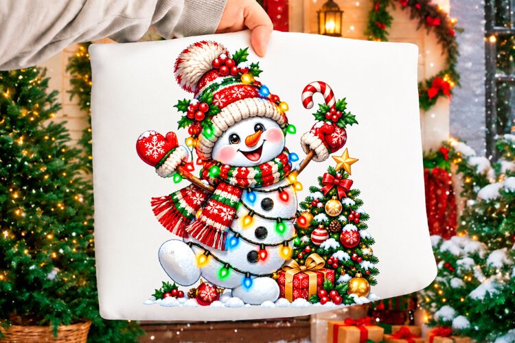 Cute Snowman Christmas Lights PNG Christmas T-shirt example image 1