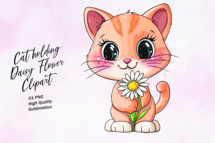 Cat holding daisy flower watercolor clipart