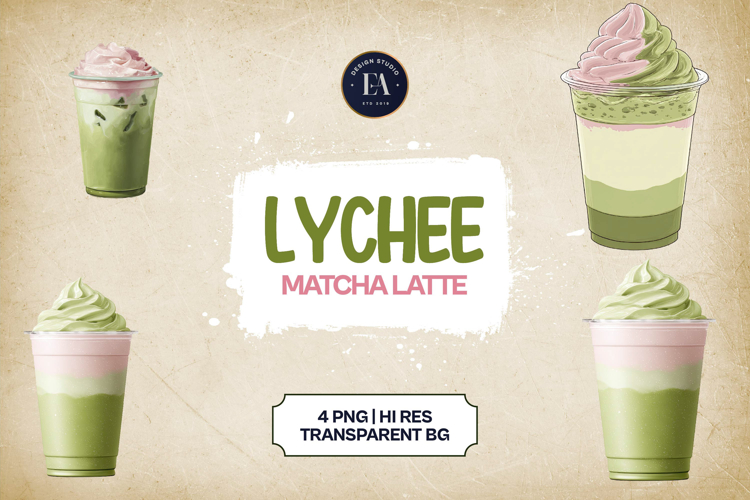 Lychee Matcha Latte Clipart Bundle 4 PNG