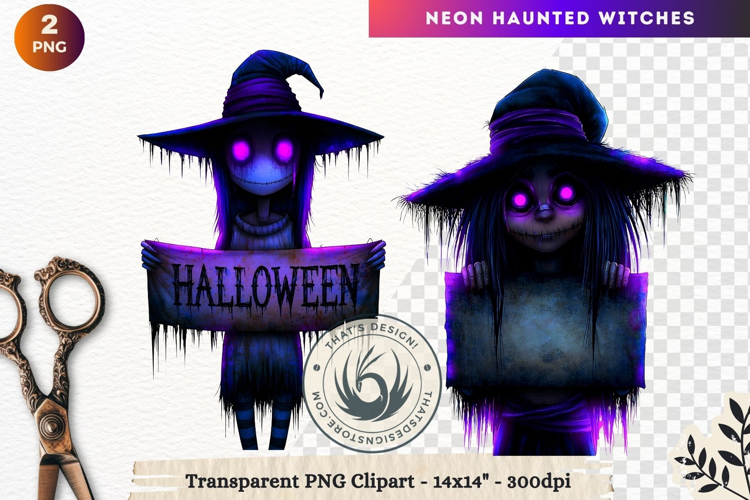 Neon Haunted Witches Clipart, Spooky Kawaii Halloween PNG