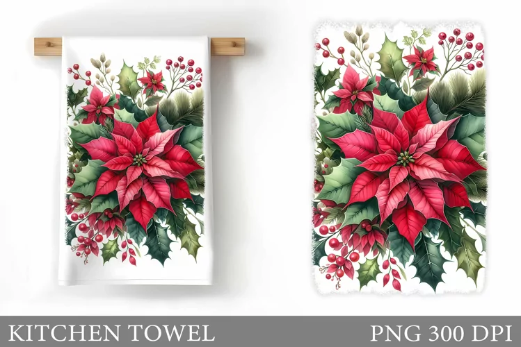 Poinsettia Kitchen Towel. Christmas Kitchen Towel Design