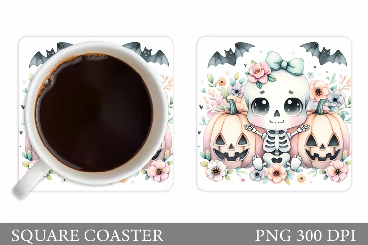 Cute Skeleton Coaster Sublimation. Halloween Coaster Design