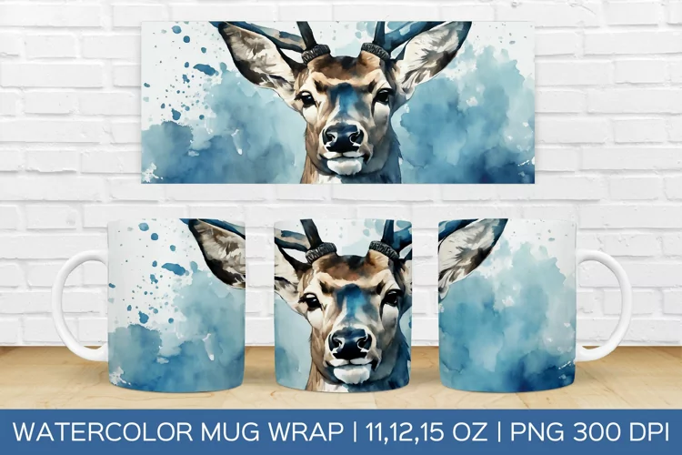 Watercolor Deer Mug Wrap|Christmas Sublimation Design
