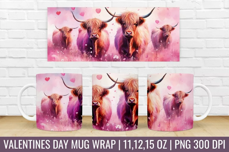 Valentines Day Highland Cow Mug Wrap|Mug Watercolor Design