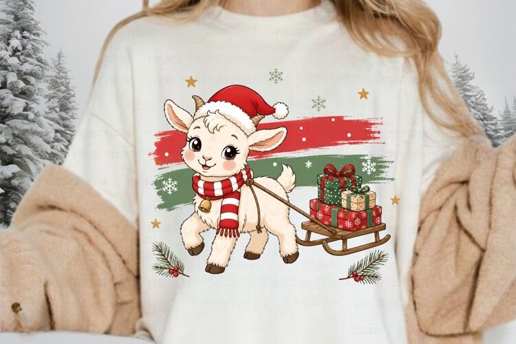 Christmas Baby Goat Sled PNG Sublimation Design - Cute Lamb example image 1