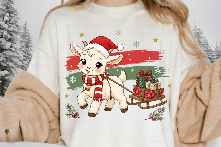 Christmas Baby Goat Sled PNG Sublimation Design - Cute Lamb