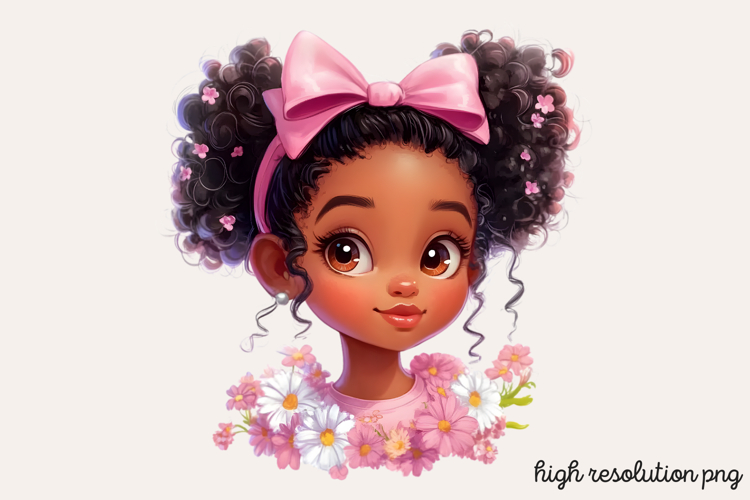 Cute Black Girl with Flower Clipart PNG