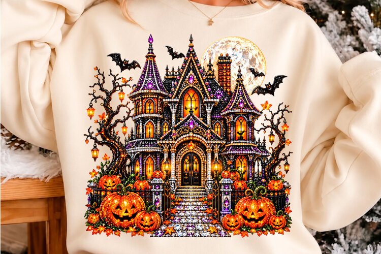 Glitter Haunted House Halloween Pumpkin PNG example image 1