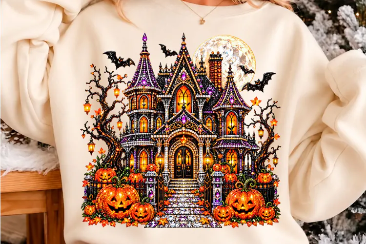Glitter Haunted House Halloween Pumpkin PNG