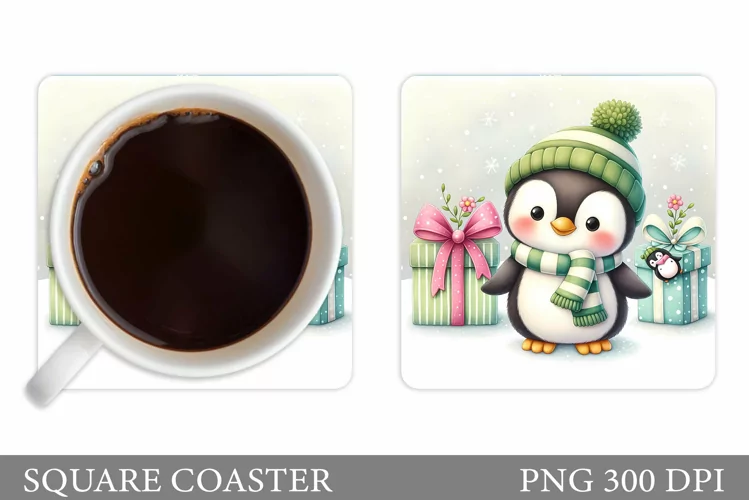 Cute Penguin Coaster Sublimation. Christmas Coaster Design