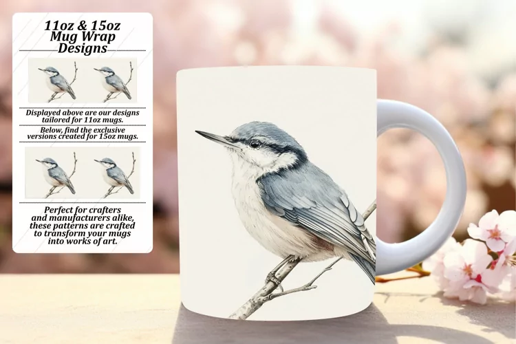 11oz/15oz Springtime Bird Mug Wrap Watercolor