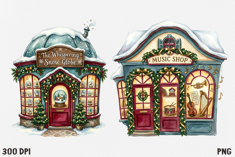 Christmas Village Watercolor Clipart PNG, Whimsical Holiday