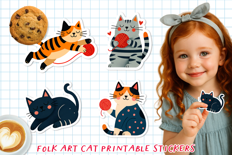 Cute & Funny Folk Art Cat Printable Stickers, PNG