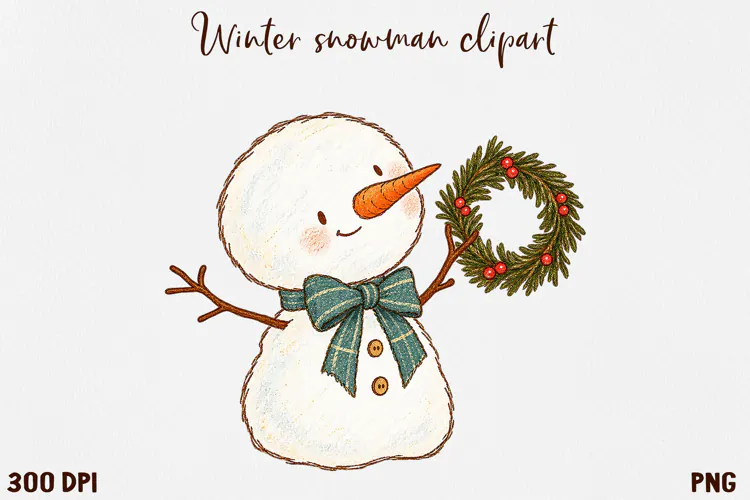 Cute Winter Snowman Clipart, Cozy Christmas Snowman PNG.