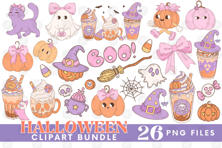 Coquette Girly Halloween Pumpkin Pink Bow Clipart PNG Bundle