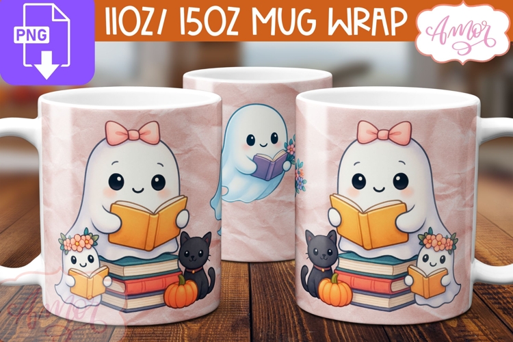 Cute Halloween mug wrap PNG, Book lover mug template