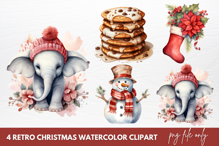 Retro Christmas Watercolor Sublimation Clipart