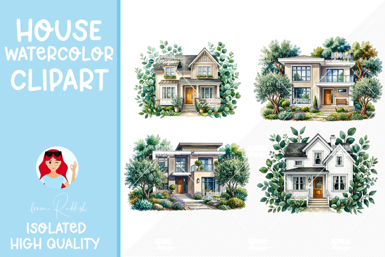 4 Cozy Watercolor House Clipart