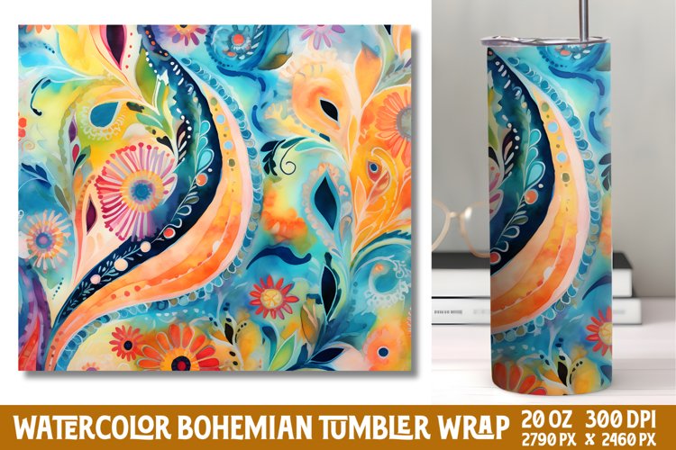 Seamless Watercolor Bohemian Tumbler Wrap