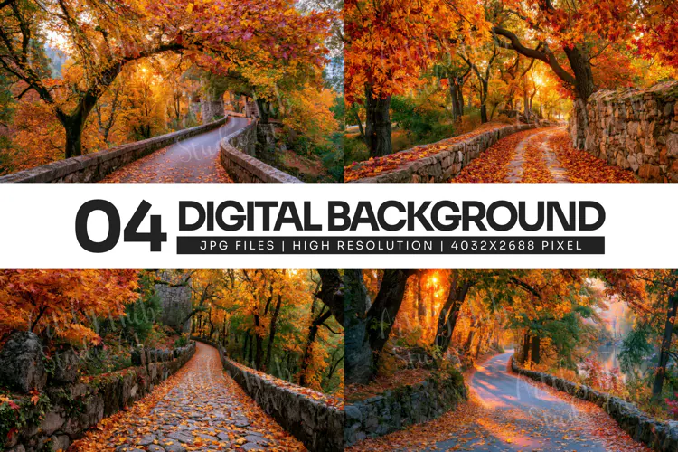 Autumn Stone Wall Forest Road Background
