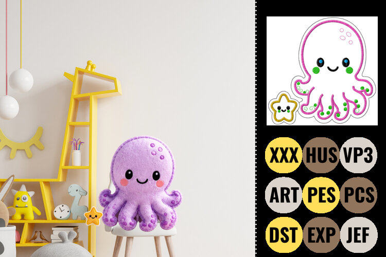 Cute Octopus Applique Embroidery Design example image 1