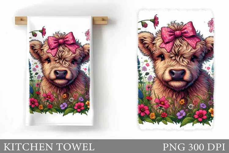 Highland Cow Kitchen Towel. Wildlowers Kitchen Towel Design