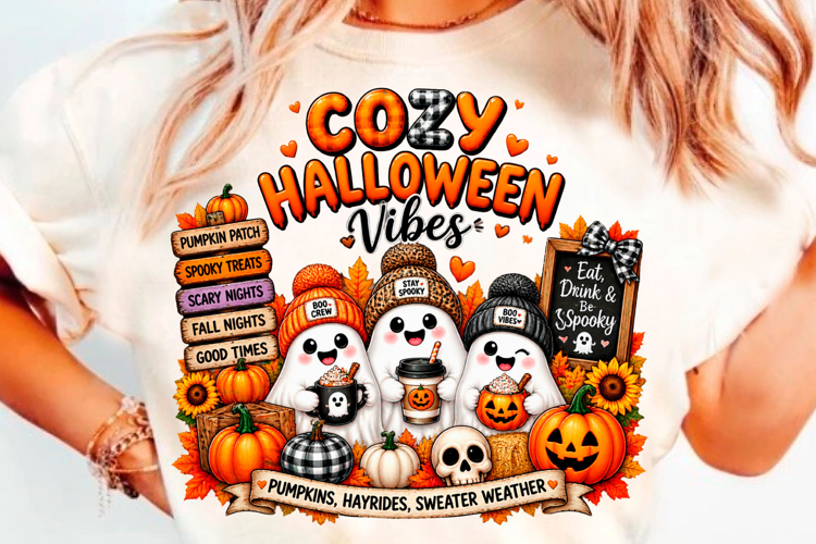 Cozy Halloween Vibes Ghost Pumpkin Fall Sweater Weather T-Sh