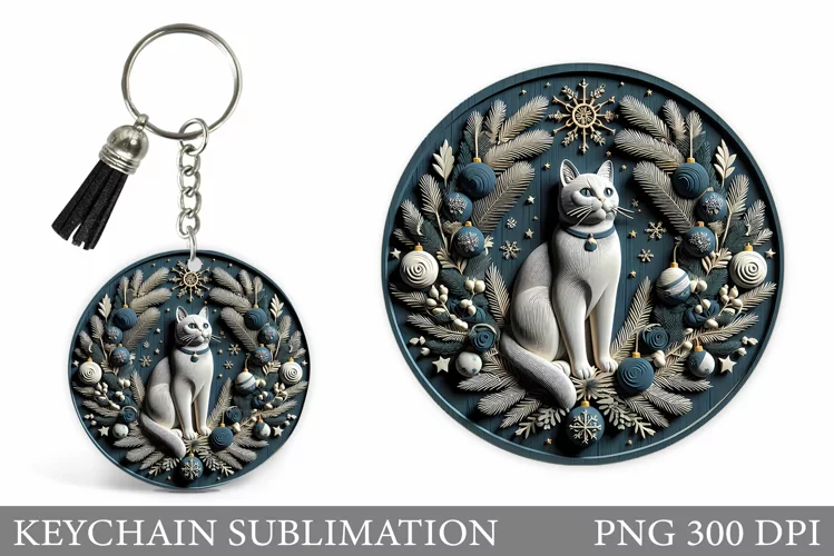 Christmas Cat Keychain. Christmas Keychain Sublimation