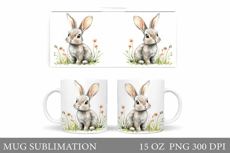 Cute Bunny Mug Wrap. Bunny Flowers Mug Design