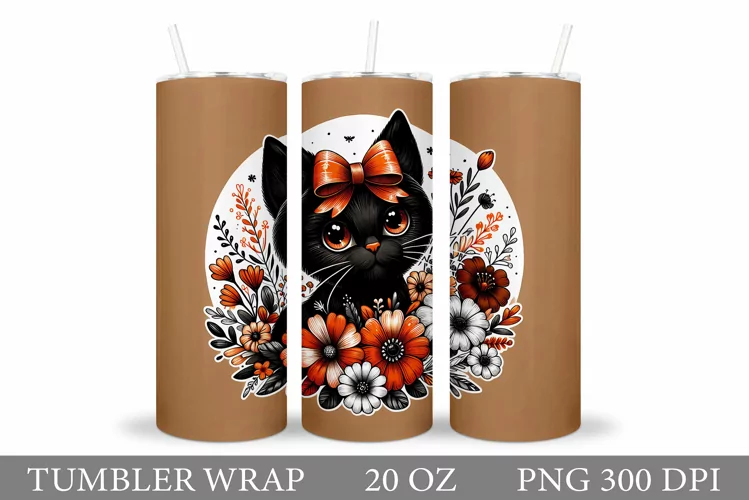 Cute Cat Tumbler Design. Cat Flowers Tumbler Sublimation