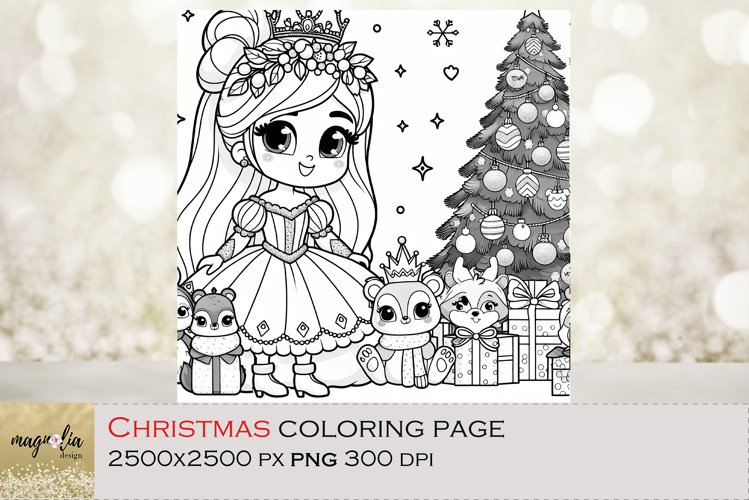 Christmas Princess Girl With Woodland Animals Coloring Page