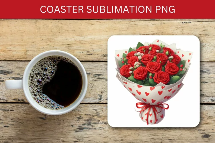valentine square coaster - red roses bouquet
