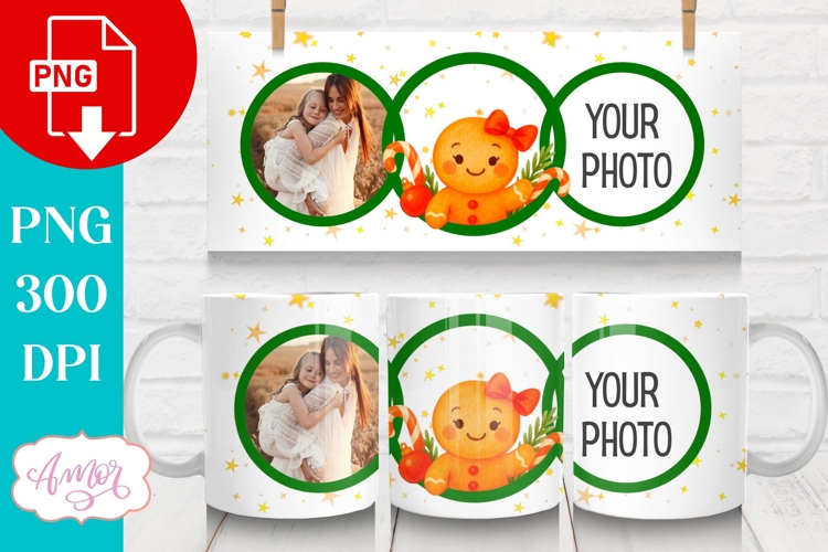 Christmas photo mug wrap PNG, Christmas gingerbread man png