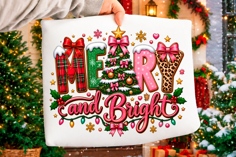 Merry and bright Christmas typography with colorful holiday