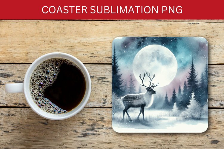 square coaster - night forest with deer example image 1