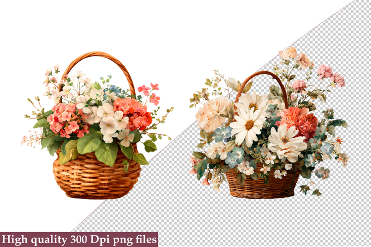 Watercolor Flower Basket Clipart, Flower Basket PNG