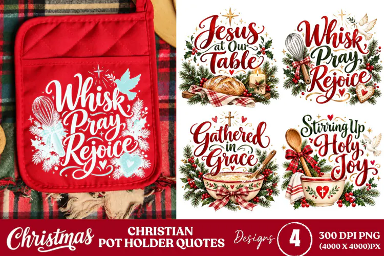 4 Christian Christmas Pot Holder PNGs, 4 Faith Christmas Pot