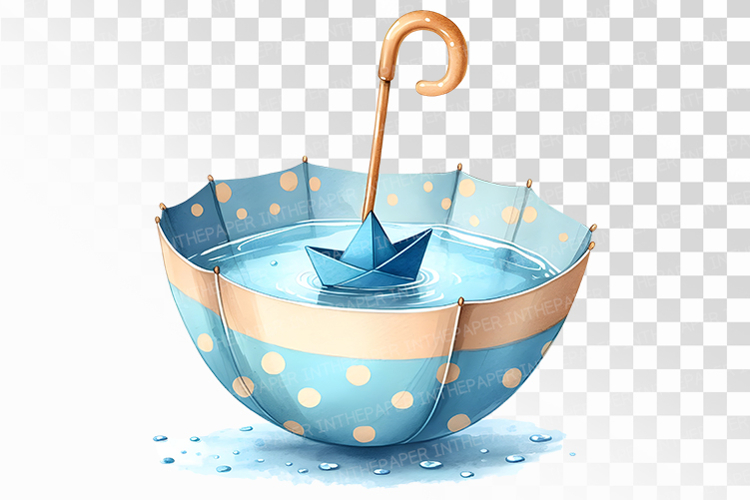 Inverted Umbrella with Rainwater and Blue Paper Boat PNG