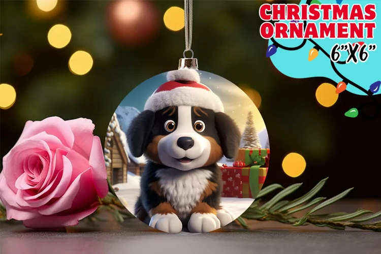 Noel Pup 3D Round Ornament Santa Hat Design