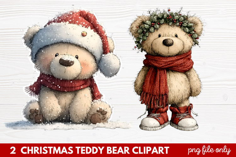 2 Christmas Teddy Bear Clipart | Cute Holiday Bear PNG Illus