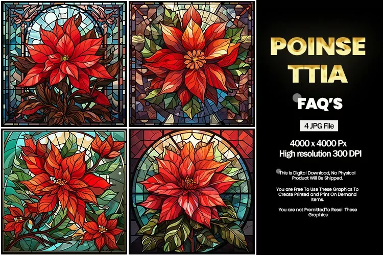 Stained Glass Poinsettia Square Coaster - 04 Variations