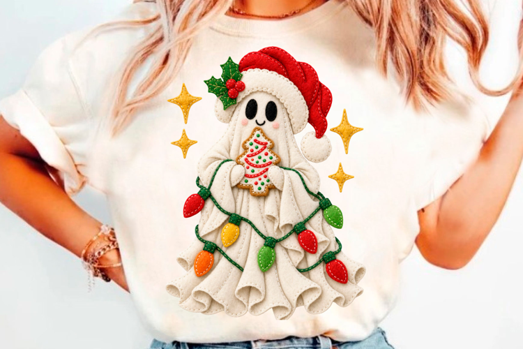 Cute Christmas ghost with Santa hat, lights and festive tree