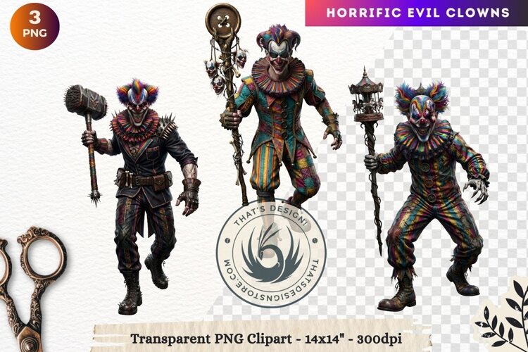 Horrific Evil Clown Clipart - Creepy Circus PNG Graphics example image 1