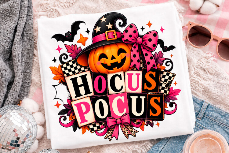 Hocus Pocus Halloween Pumpkin Witch Hat T-Shirt Design example image 1